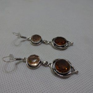 Beautiful "AMBER TOPAZ & MORGANITE" Handmade Sterling Dangle Earrings #759A